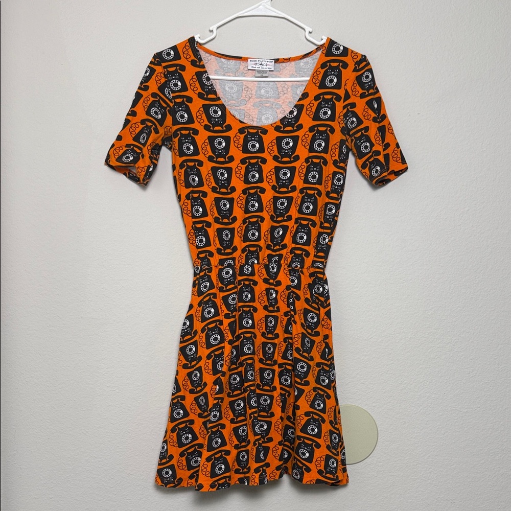 Orange Telephone Print Scoop-Neck Dress